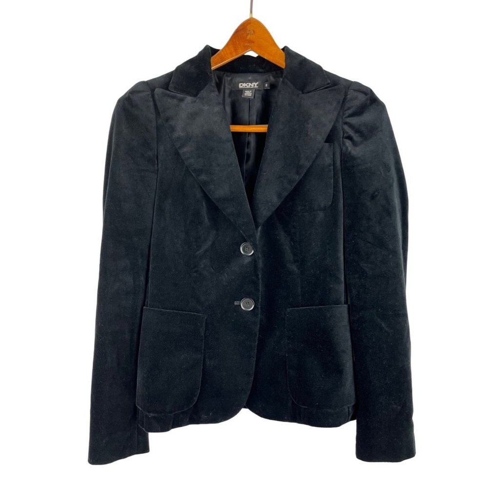 DKNY Black Velvet Notch Lapel 2 Button Front Blazer, Women’s Size 2